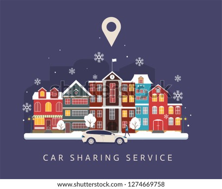 Car sharing service advertising w. A man with a smartphone standing near the car. Modern landing pagewith colorful illustration. 