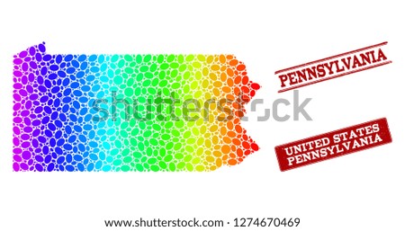 Spectrum dotted map of Pennsylvania State and red grunge stamps. Vector geographic map in bright spectrum gradient colors on a white background.