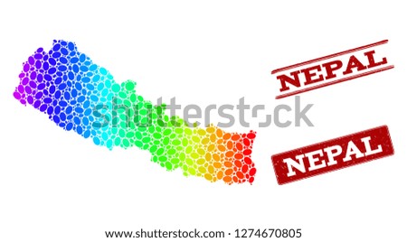 Spectrum dotted map of Nepal and red grunge stamps. Vector geographic map in bright spectrum gradient colors on a white background.