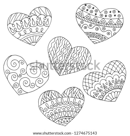 Hand-drawn hearts with patterns, doodle for coloring books for Valentine's day