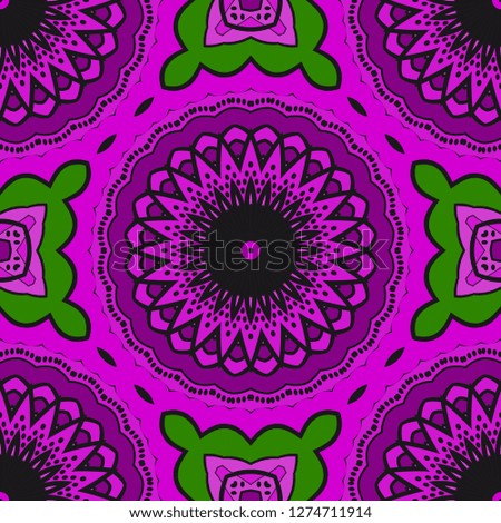 Purple,, green color Floral Geometric Pattern With Hand-Drawing Mandala. Seamless vector Illustration. For Fabric, Textile.