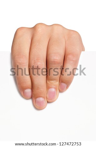 Close up of man hand holding blank advertising card on white