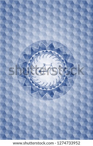 bike icon inside blue emblem or badge with abstract geometric pattern background.