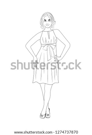Coloring page outline of fashion woman in dress. Coloring book. Vector illustration
