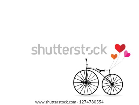 Black Penny Farthing bicycle with heart balloons isolated on white background for Valentine's day decoration, vector illustration