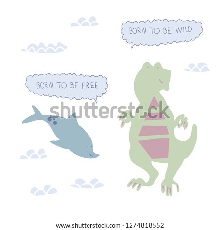 Dino characters. Cute funny dinosaurs with inscription Born to be free, wild illustration vector set isolated on background. Illustration for kids, boys, girls, t-shirt, clothes, games, cards.