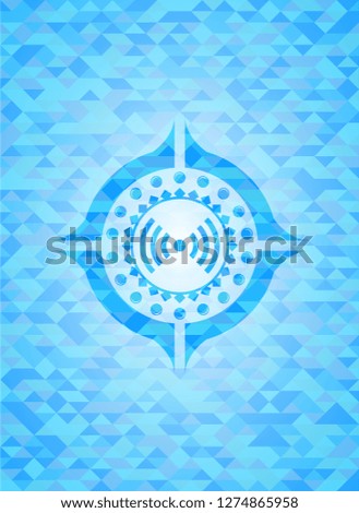 signal icon inside realistic sky blue emblem. Mosaic background