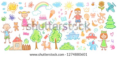 Child drawings. Kids doodle paintings, children crayon drawing and hand drawn kid elephant, house and trees pastel pencil doodle vector illustration Royalty-Free Stock Photo #1274880601