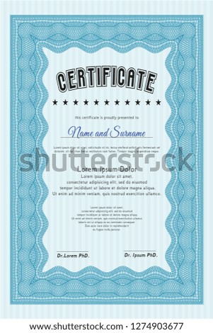 Light blue Sample certificate or diploma. Vector illustration. With great quality guilloche pattern. Retro design. 