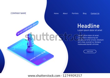 Landing page template with isometric concept of voice recording on phone, website main page, professional microphone stand on smartphone screen, soundwave, 3d vector illustration