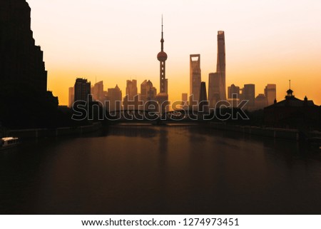 Dusk Skyline of Shanghai Modern Architectural City Far East