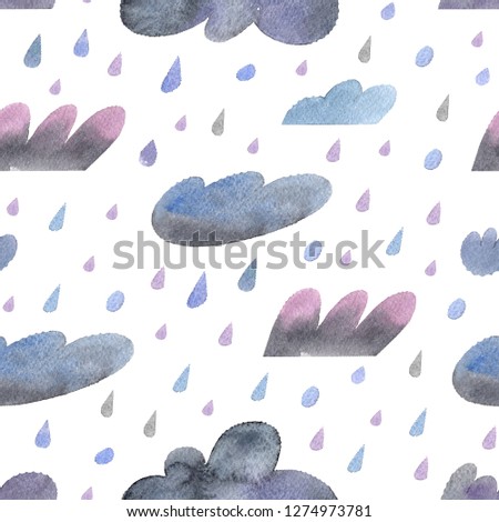 watercolor rain drops and clouds, seamless background with stylized raindrops. Wallpaper, creative watercolor fabric,  - autumn theme for design. - Illustration with clipping mask