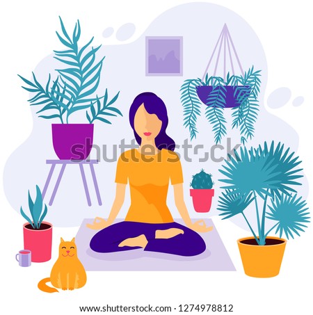Girl at greenhouse or home garden with plants growing in pots. Relaxed young woman enjoying rest. Girl meditates. Trendy vector illustration in flat cartoon style. Urban jungle. Meditation at Home Royalty-Free Stock Photo #1274978812