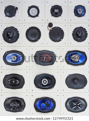 Front view of powerful set loudspeaker on white background                                