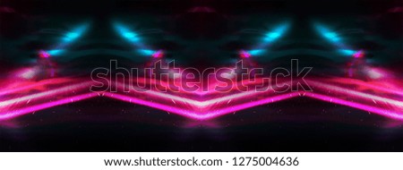 Background wall with neon lines and rays. Background of an empty dark corridor with neon light. Abstract background with lines and glow.