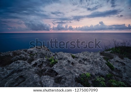 Beautiful view over blue and pink Mediterranean sea with shore line of cliffs and foliage in foreground. More similar content is found in my portfolio.