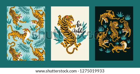 Vector poster set of tigers and tropical leaves. Trendy illustration. Royalty-Free Stock Photo #1275019933
