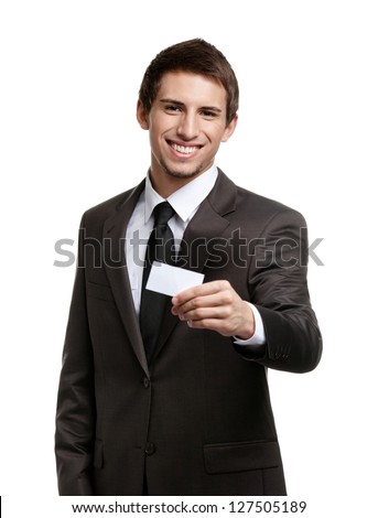 Man in suit showing his empty business card with copy space to write your own text, isolated on white