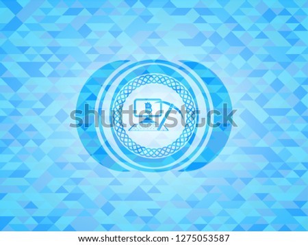 bitcoin mining icon inside realistic sky blue emblem. Mosaic background