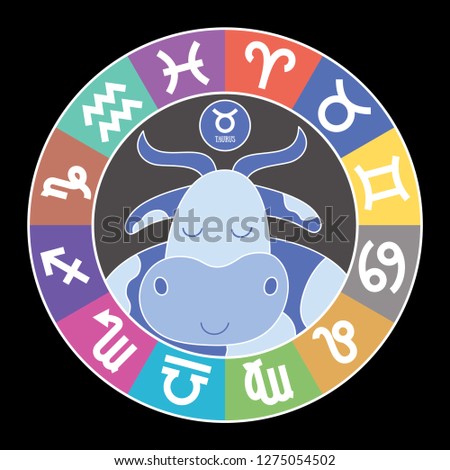 Taurus zodiac signs. Aquarius, libra, leo, cancer, pisces, virgo, capricorn, sagittarius, aries, gemini, scorpio. Astrological calendar collection, zodiacal round. Color vector horoscope. Cartoon bull