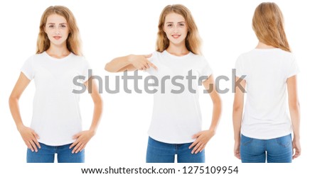front back views white woman in t shirt isolated on white background,girl pointed on t-shirt 