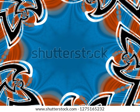 A hand drawing pattern made of orange blue black and white.