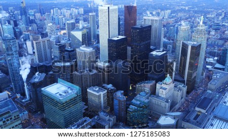 An aerial of Toronto, Canada core at dark