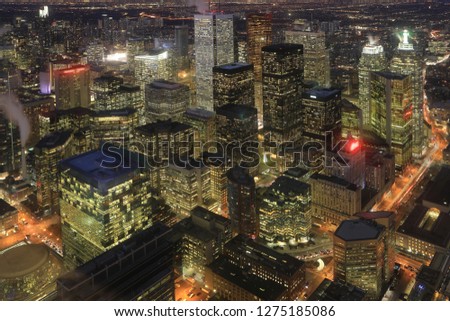 An aerial of Toronto cityscape at night