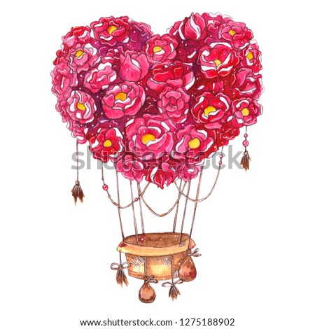 Watercolor hand drawn hot air balloon with heart of flowers. Hand painted clip art. Perfect design for wedding invitations, wall posters, digital projects, scrapbooking, decoration for cards, textile