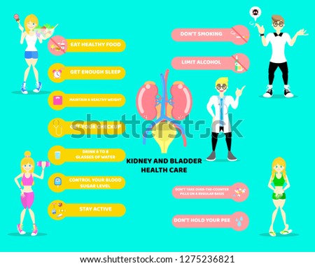 world kidney day, kidney and bladder health care infographic diagram concept with doctor in blue background, flat character design clip art vector illustration cartoon anatomy