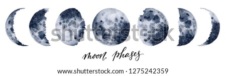 Watercolor moon phases. Hand painted various phases isolated on white background. Hand drawn modern space design for print