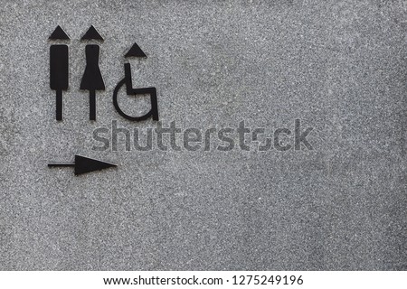 Toilet sign (Male, Female and Handicap) with direction on granite wall