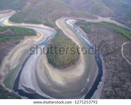 Aerail view in River. Melero meander in Las Hurdes. Extremadura. Spain. Drone Photo
