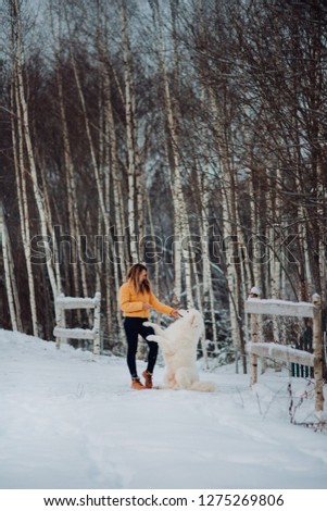 Girl embracing cute big white dog in winter park. The girl with the Maremma stands on hind legs. Forest on background