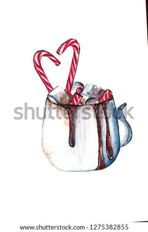 Cup of cocoa with marshmallows and cone candies isolated on white. Watercolor hand drawn illustration for celebration card, invitation, design