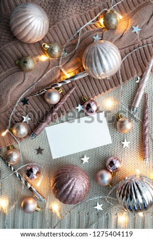
Winter decorations. New Year's and Christmas composition. Beautiful mock up with white sheet.