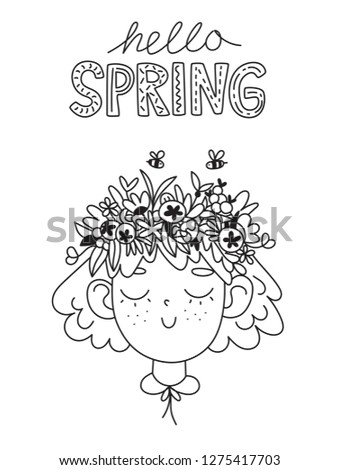 Beautiful cute spring girl with a flower wreath. Children vector illustration suitable for coloring page. Hello spring funnu lettering with doodles.