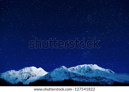 Gangapurna and Annapurna mountains on the blue sky with stars, Himalaya, Nepal