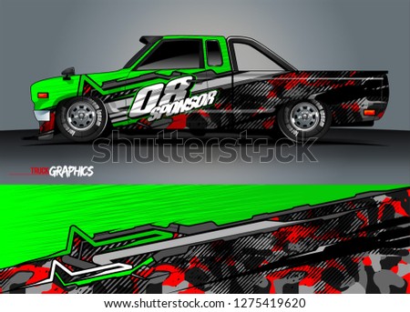 Car wrap design vector, truck and cargo van decal. Graphic abstract stripe racing background designs for vehicle, rally, race, adventure and car racing livery. Vector 