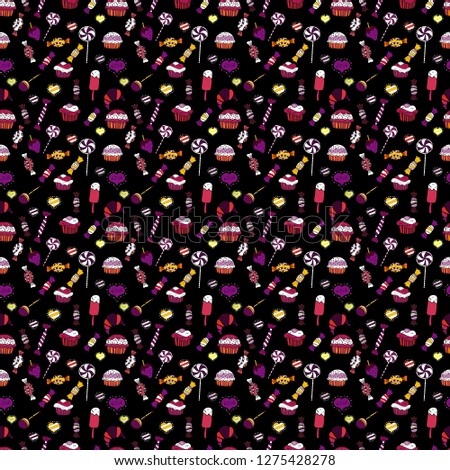Wrapping paper for Christmas gifts. Christmas vector seamless pattern with candies on white, purple and black background. New year Vector illustration.