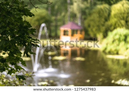 Colorful Photo of the Wooden Summer Garden House in a Park, Between Woods with the Park Fountain Near it - Focus on the Leaves in a Foreground - Sunny Autumn Day