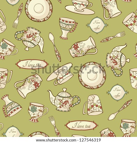 Vintage pattern with  dishware on the green background