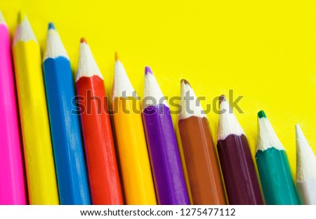 School supplies, colored pencils in a row, isolated, closeup