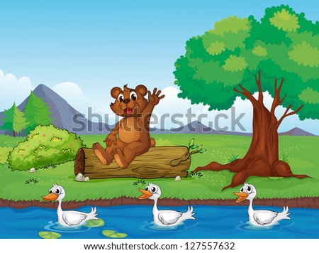 Illustration of a smiling bear and ducks in a beautiful nature