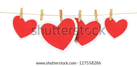paper hearts hanging from a rope, on white background . Part of Valentines day set.