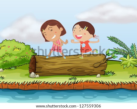 Illustration of two children playing on top of a log.l