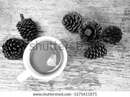 Black and white picture of one cup of hot coffee in the white cup prepare on the old wooden table with some dry flowers of pine 