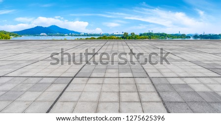 Empty Plaza Floor Bricks and Beautiful Natural Landscape

