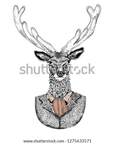 Cartoon hand drawn deer hipster in suit