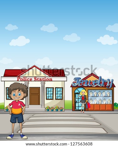 Illustration of a people standing in front of a police staiton and jewelry store